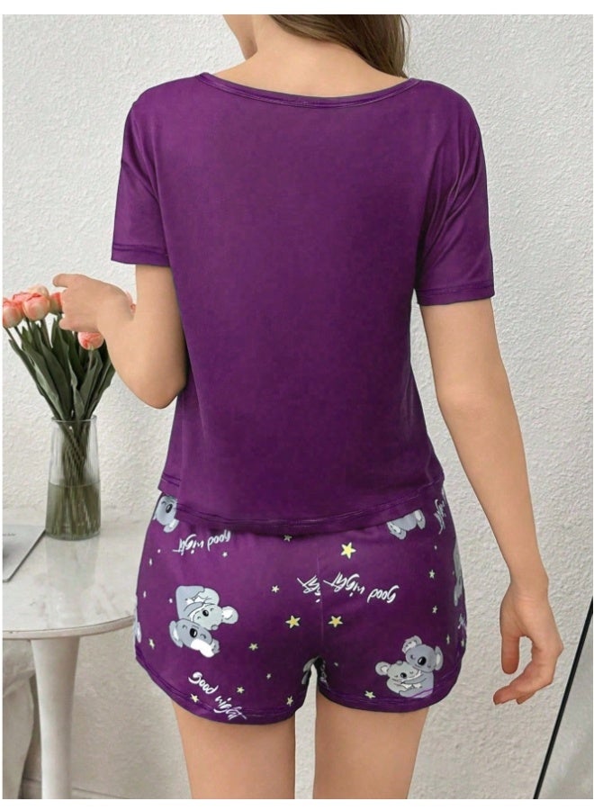 Women’s 2 Piece Pajama Set Short Sleeve Top and Shorts Soft Lounge Sleepwear Outfit for Home Travel and Daily Wear - Image 2